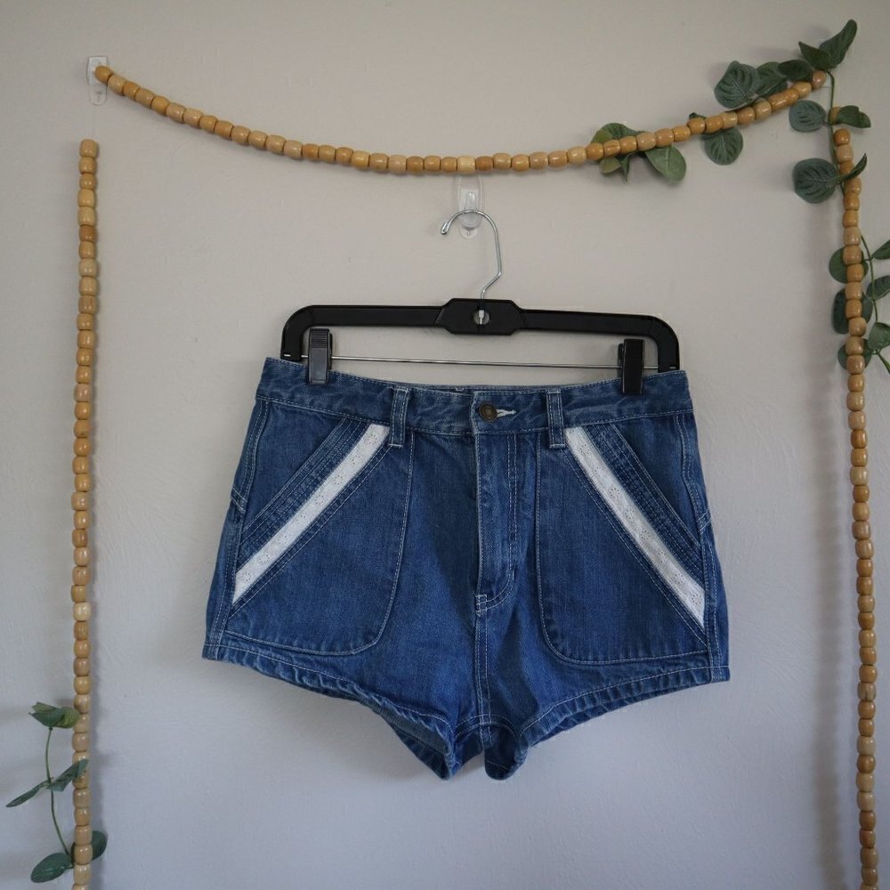 Free People High Rise Shortie Lace Denim Shorts Size 27